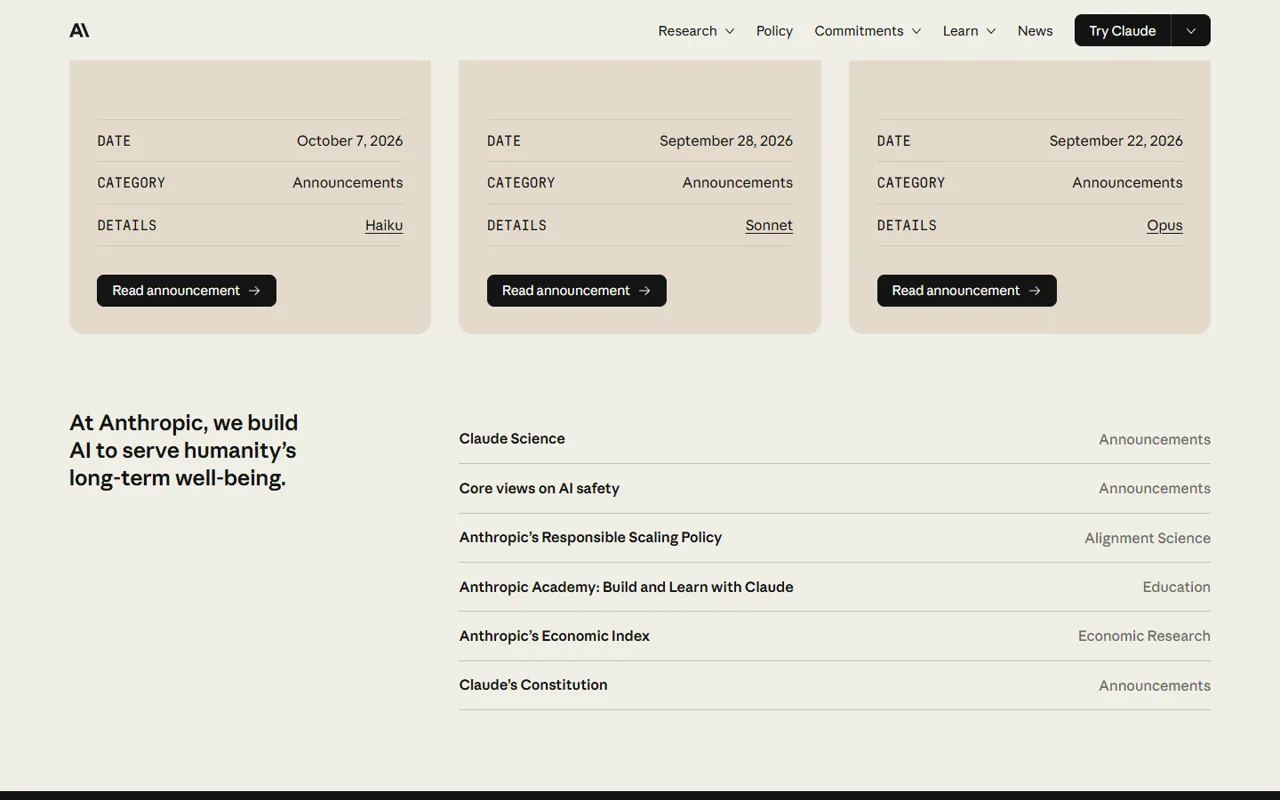 Anthropic website, further down the page