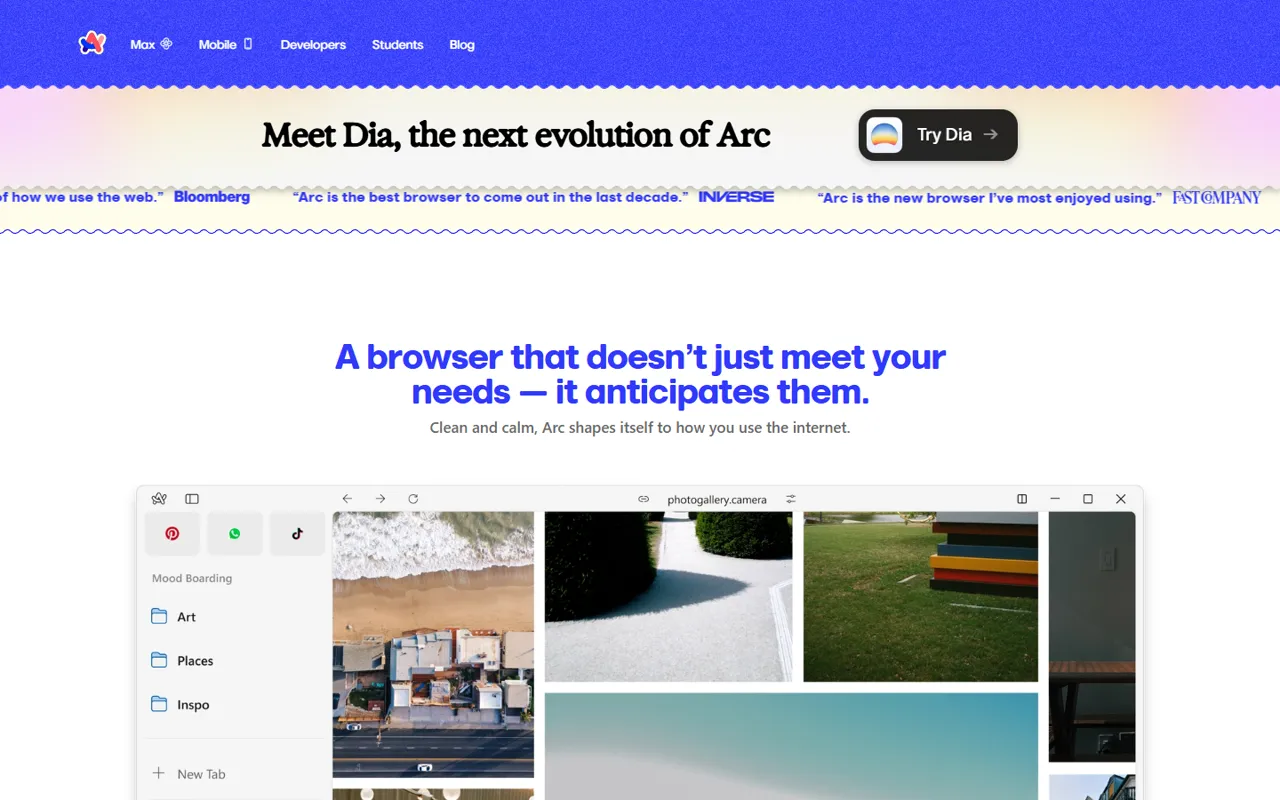 Arc website, further down the page