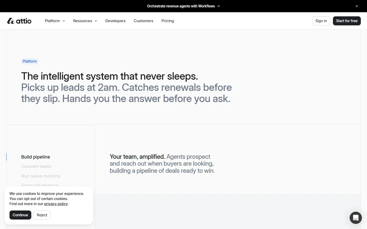 Attio website, further down the page
