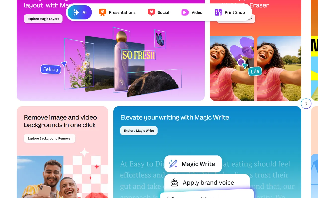 Canva website, further down the page