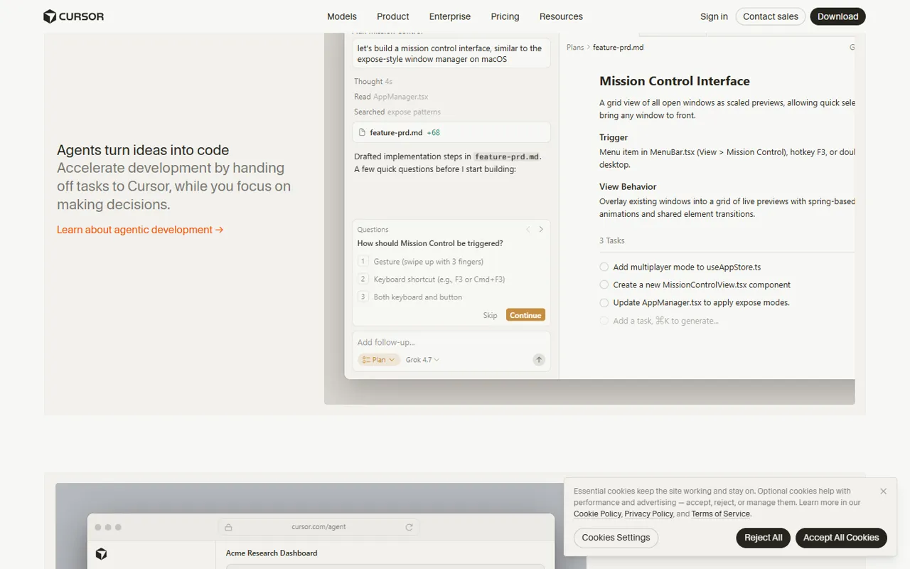 Cursor website, further down the page