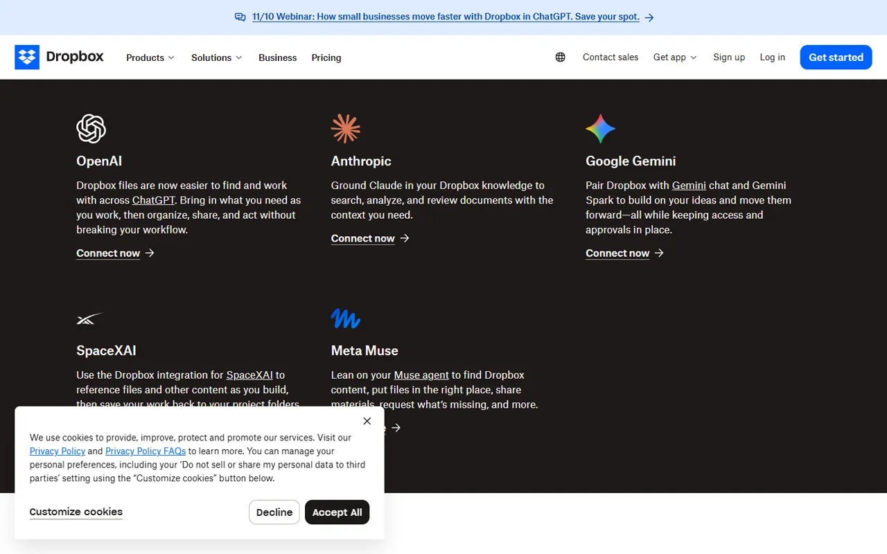 Dropbox website, further down the page