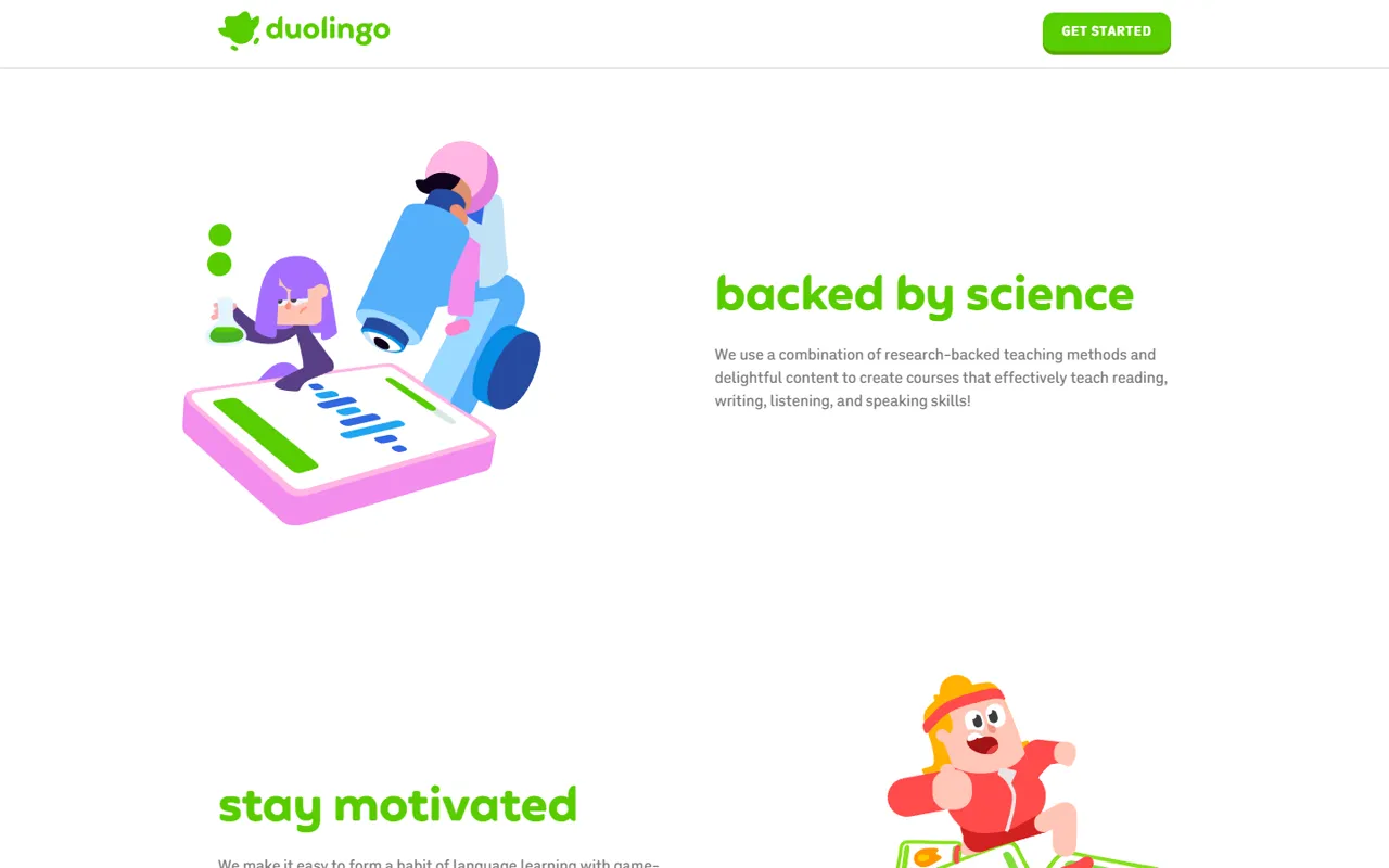 Duolingo website, further down the page
