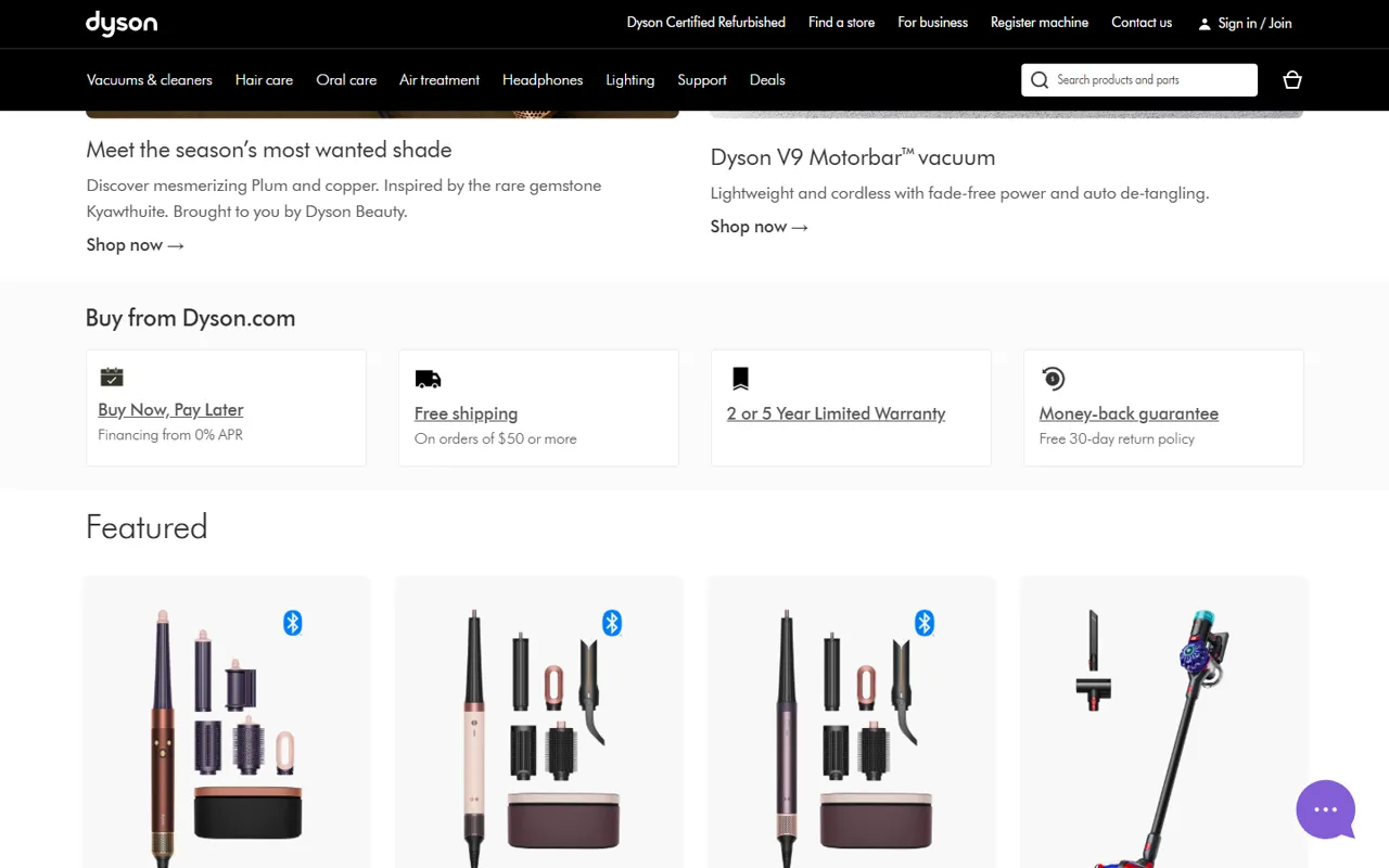 Dyson website, further down the page