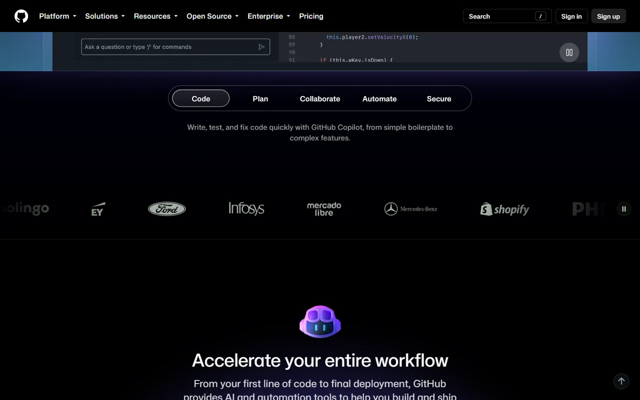 GitHub website, further down the page