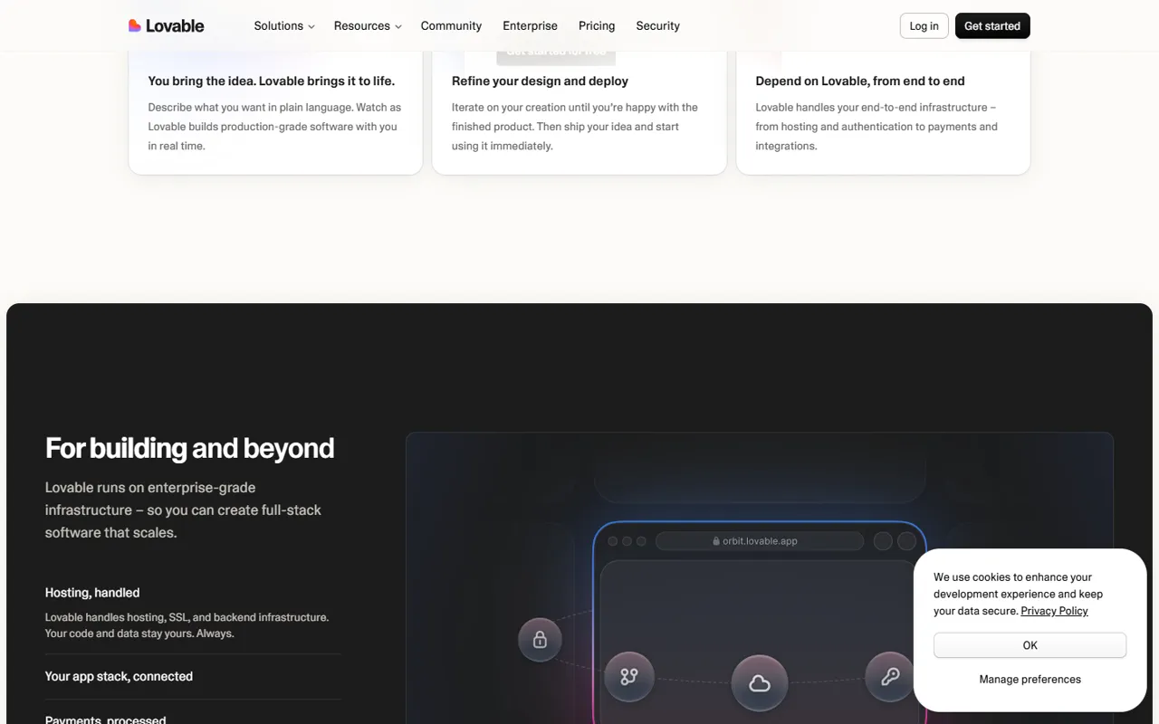 Lovable website, further down the page