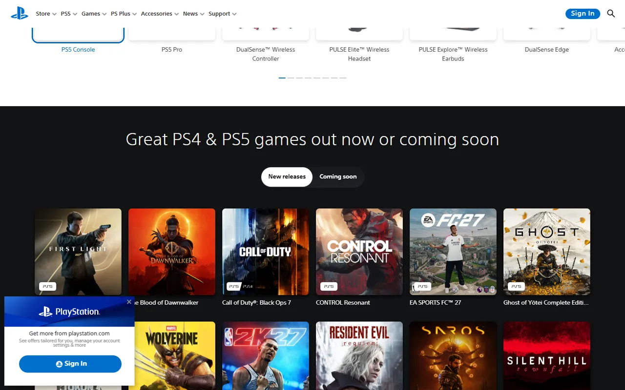 PlayStation website, further down the page