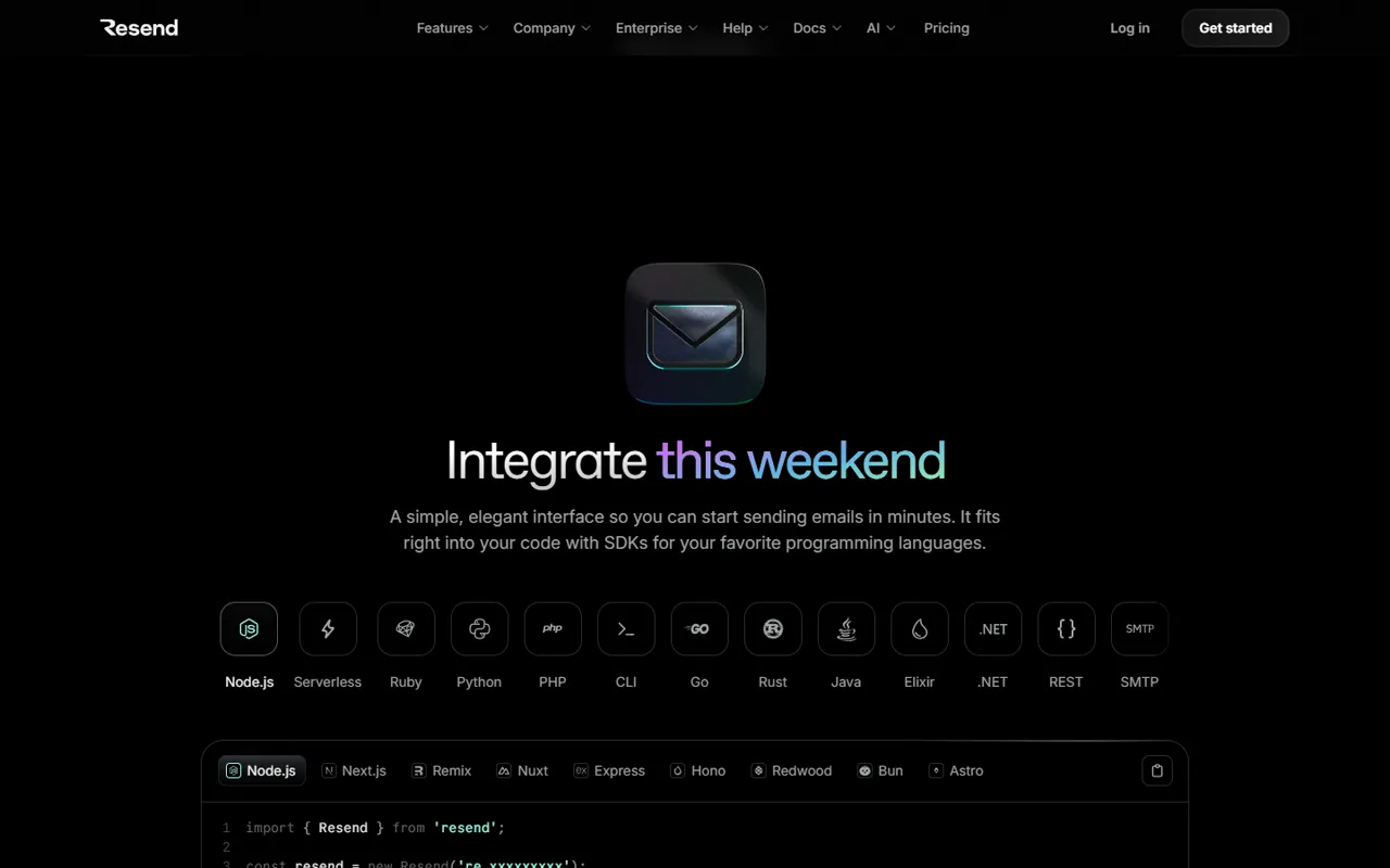 Resend website, further down the page