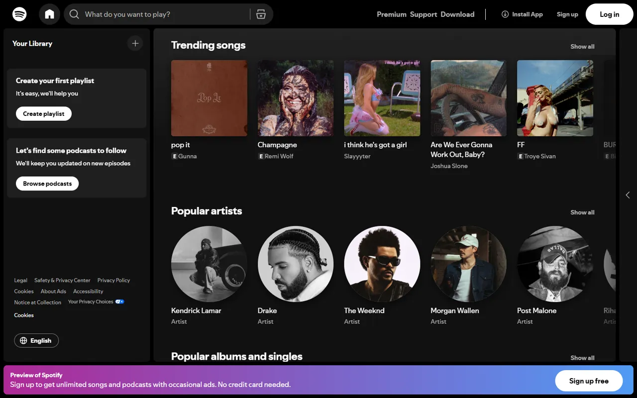 Spotify website, further down the page