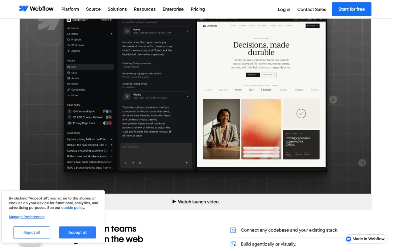 Webflow website, further down the page